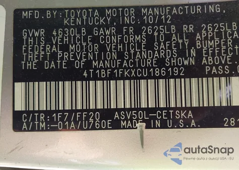 2012 Toyota Camry Se из США, поврежденный, VIN 4T1BF1FKXCU186192